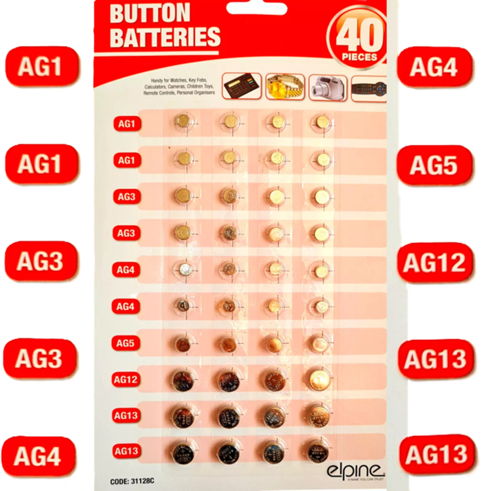 40 pack mixed button cell batteries by Elpine – AG1, AG3, AG4, AG5, AG12, AG13 – ideal for watches, toys, calculators, key fobs, and small electronics